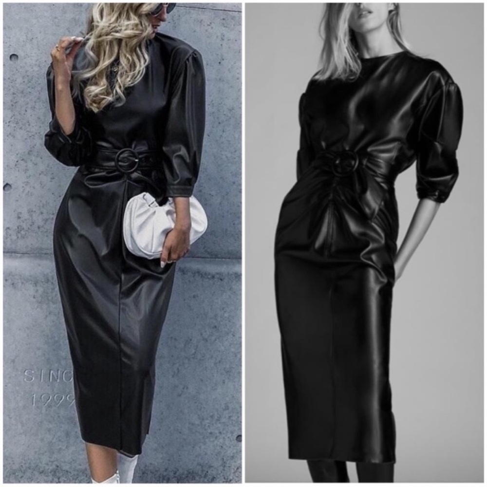 Zara Bloggers Favorite Black Faux Leather Draped Midi Dress Size L